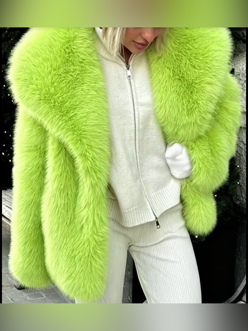 Luxurious Lime Faux Fur Coat - Women's Statement Jacket